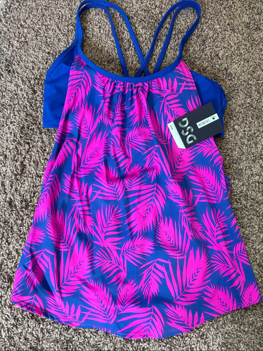 DSG Pink & Blue Palm-Print Strappy Swim Tankini Top